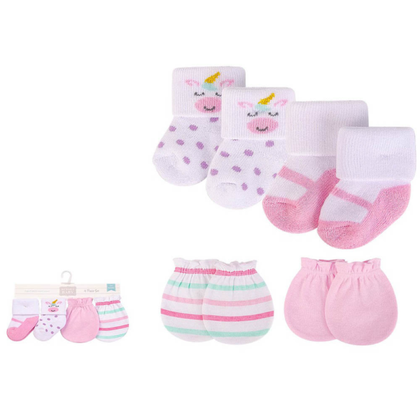 Hudson Childrenswear - Baby Socks And Mittens Set 4Pc Unicorn - Pink Multicolor