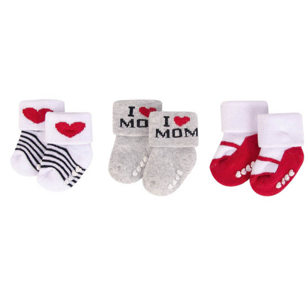 Hudson Childrenswear - Baby Terry Socks With Non-Skid 3Pc Red Mum - Grey